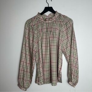 Loft NWT Plaid Ruffle Neck Blouse, Size M, Green Pink Pastel